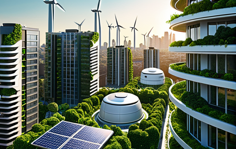 **

Prompt: A futuristic smart city skyline. Solar panels cover rooftops and wind turbines spin gracefully in the distance. Lush vertical gardens adorn buildings. AI-powered energy grids glow with efficiency. Focus on clean energy and sustainable urban design.

**